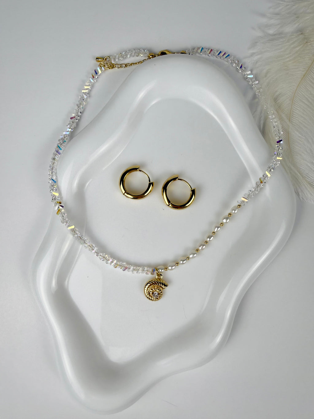 Pearl & Clear Glass Bead Choker with Ocean Shell Charm