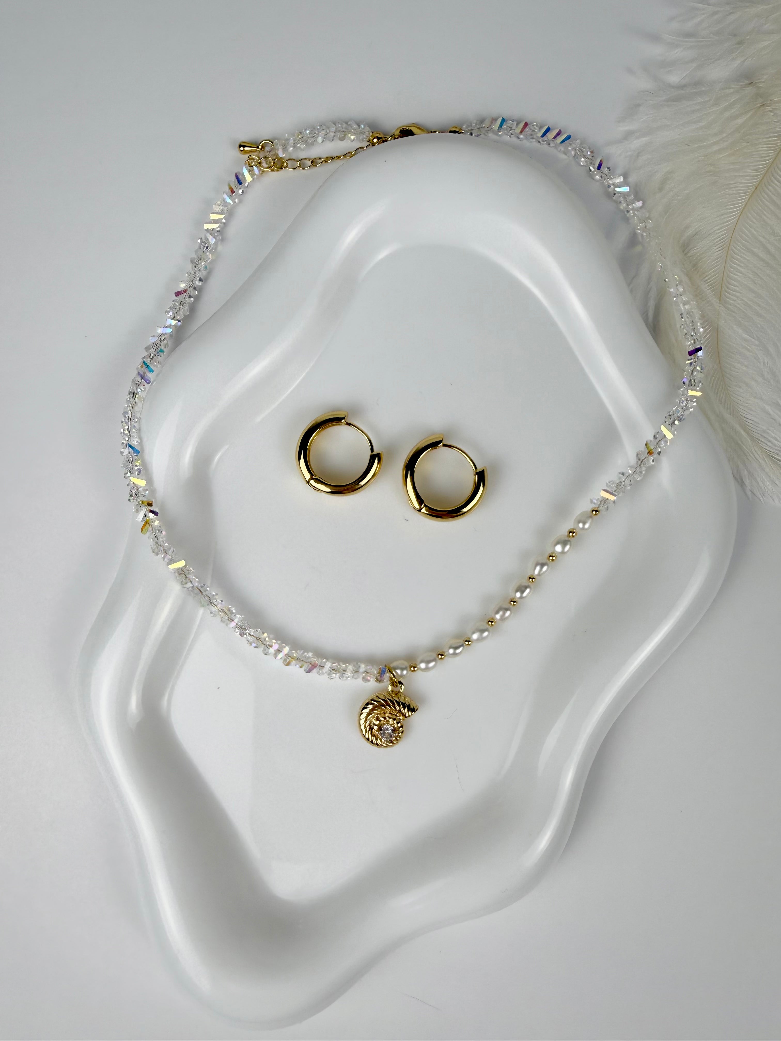 Pearl & Clear Glass Bead Choker with Ocean Shell Charm