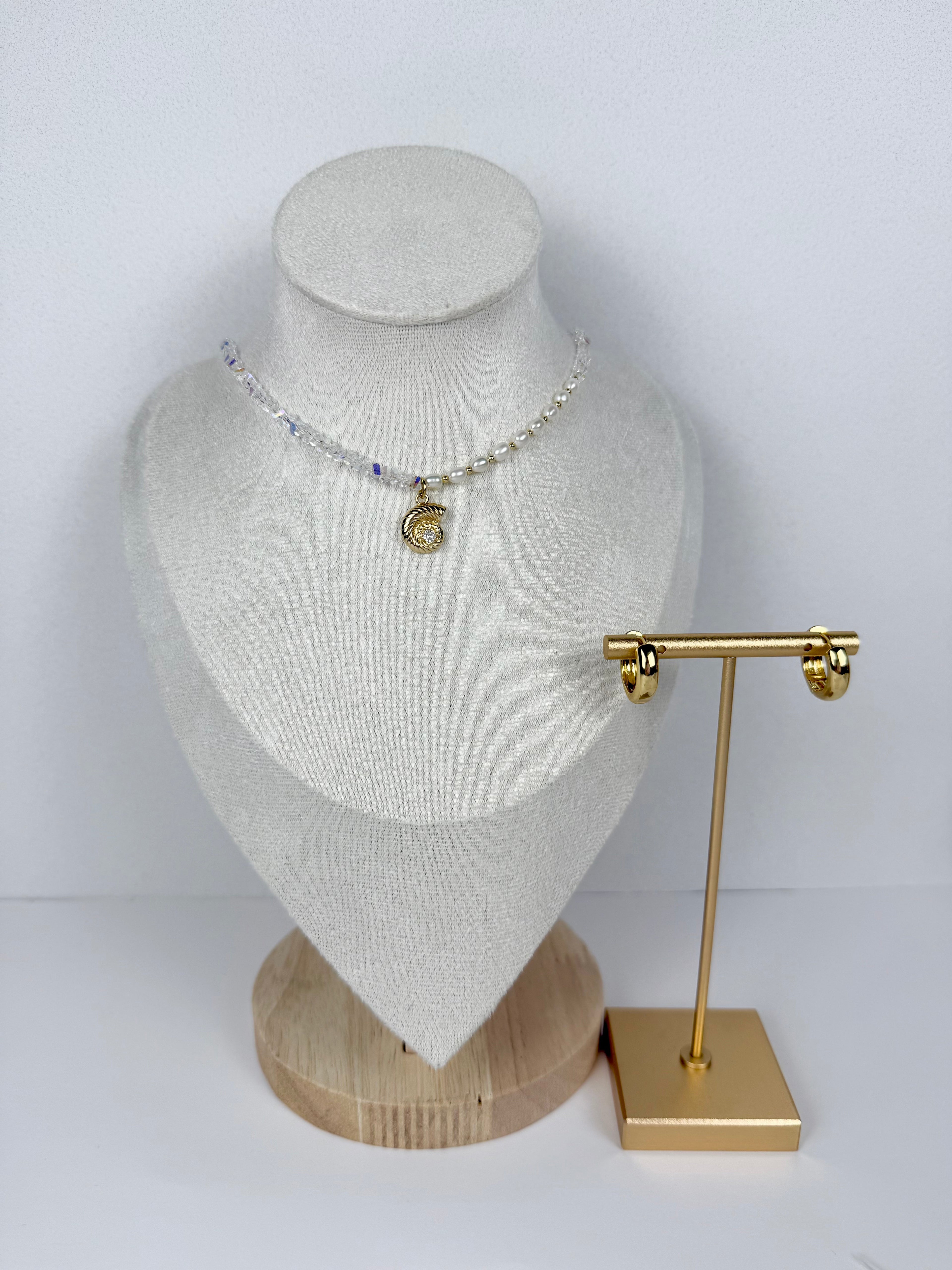 Pearl & Clear Glass Bead Choker with Ocean Shell Charm