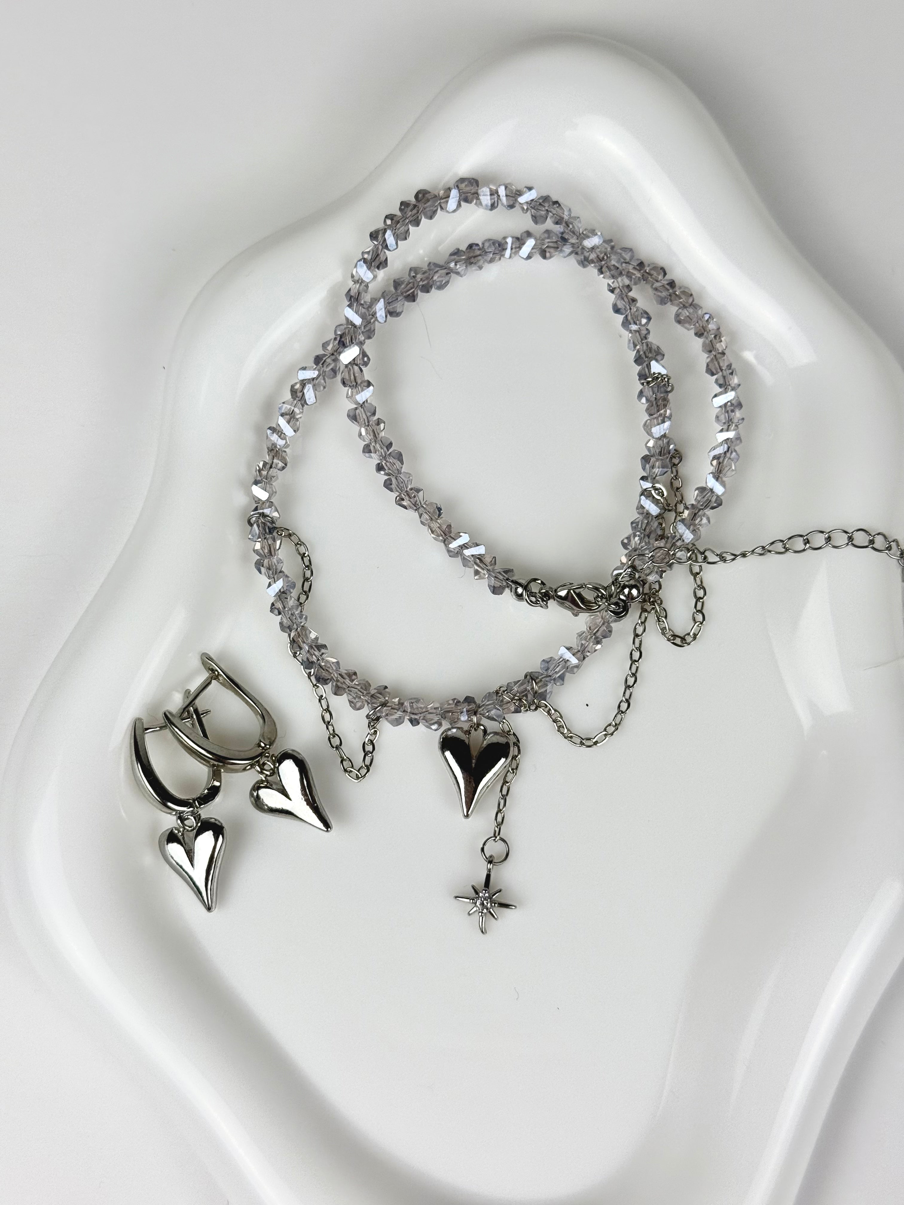 Grey Crystal Heart Pendant Choker