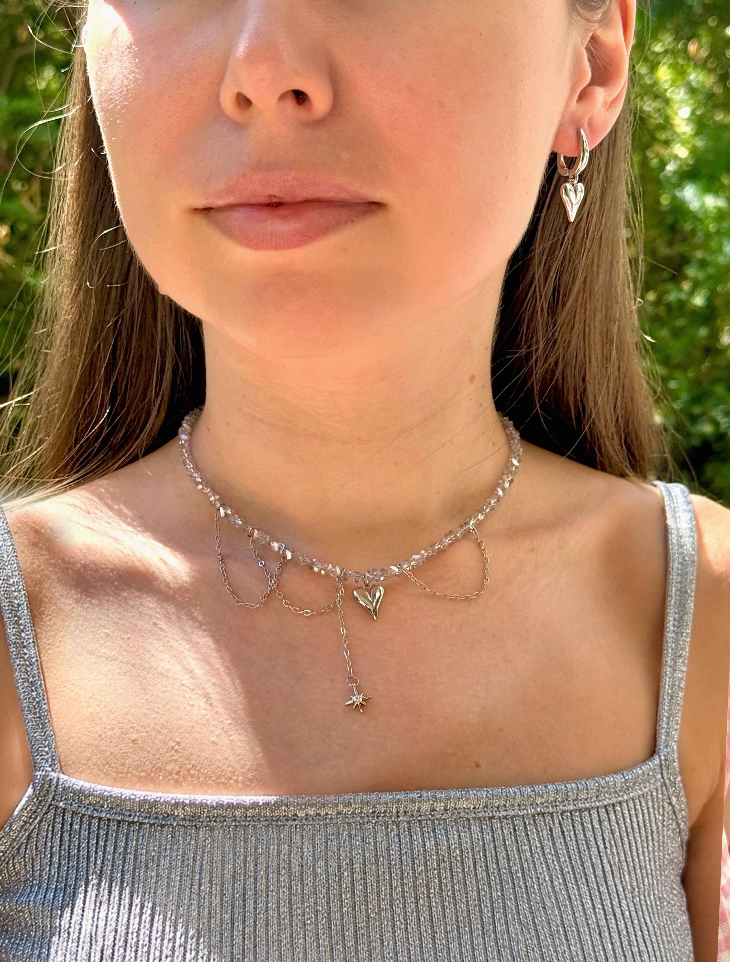 Grey Crystal Heart Pendant Choker