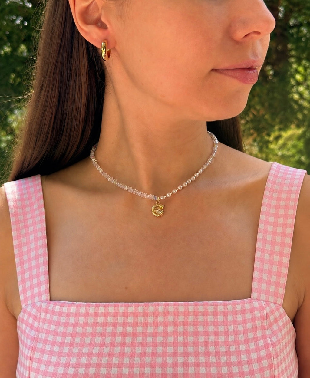 Pearl & Clear Glass Bead Choker with Ocean Shell Charm
