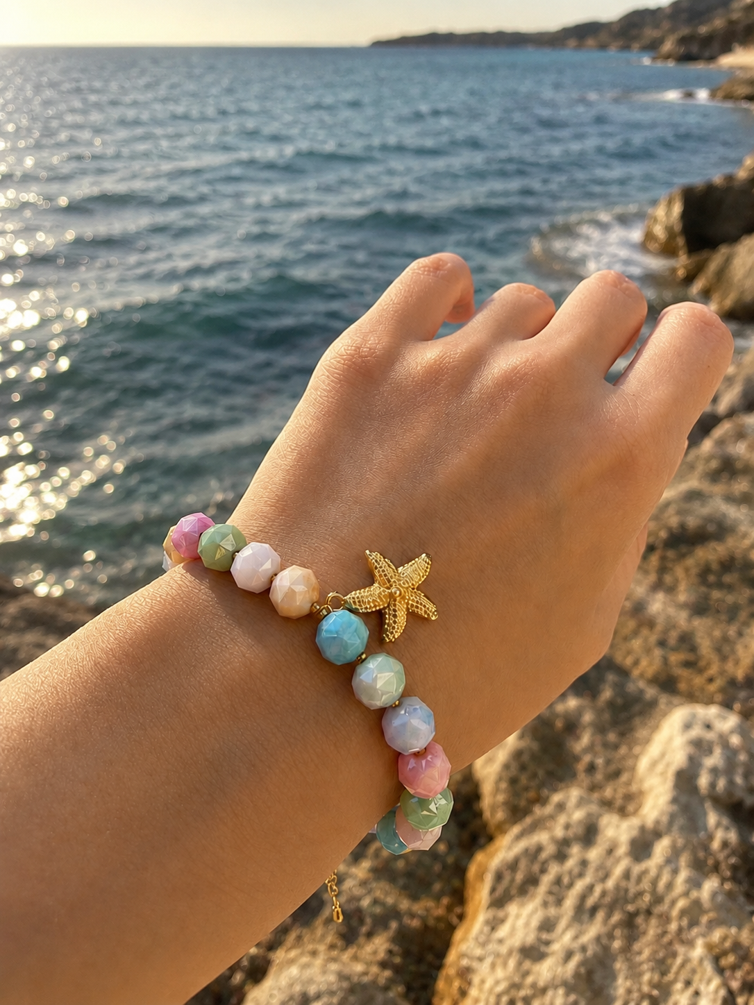 Colorful Round Glass Bead Bracelet with Star Charm