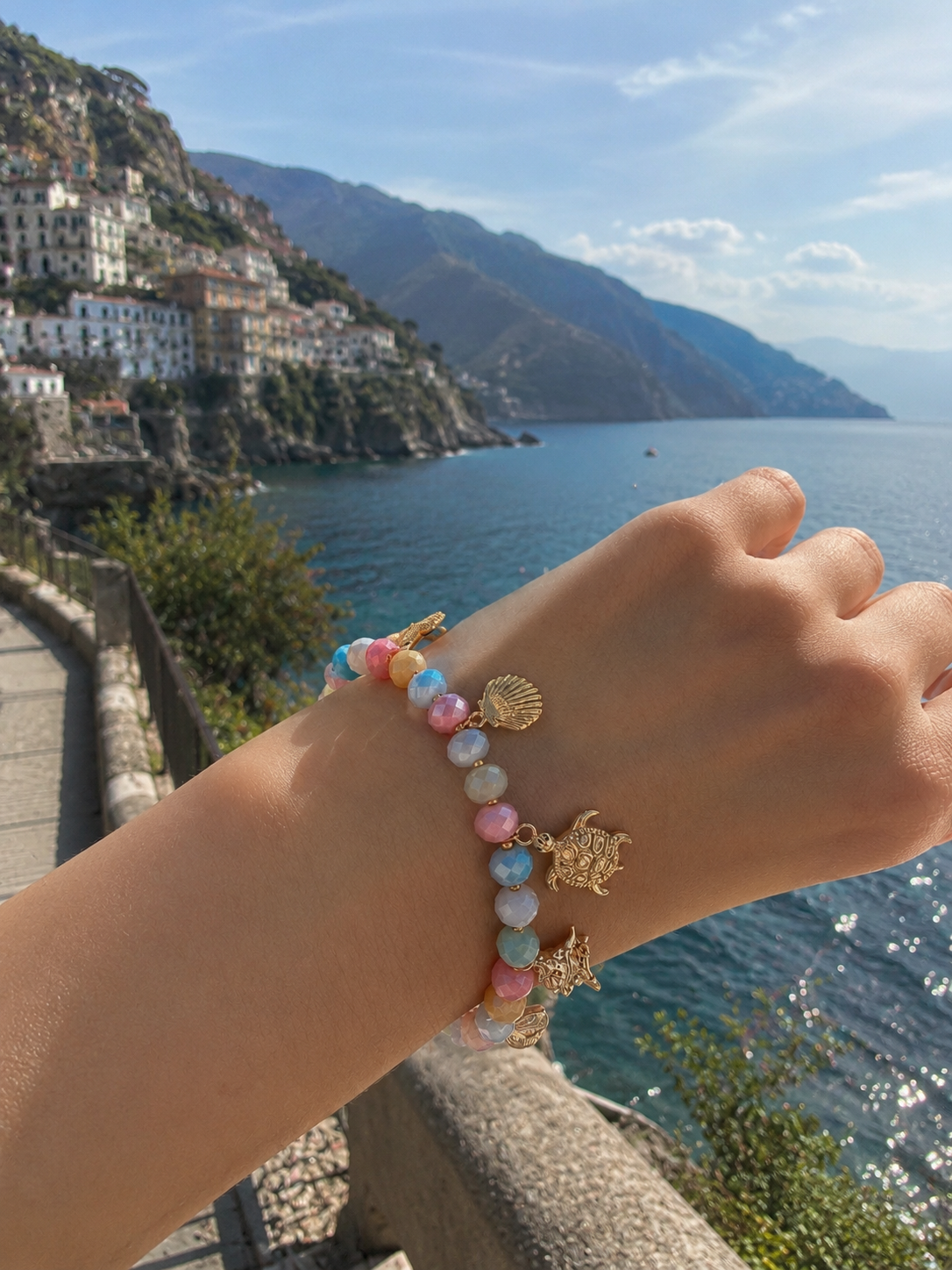 Colorful Round Glass Bead Bracelet with Sea Charms