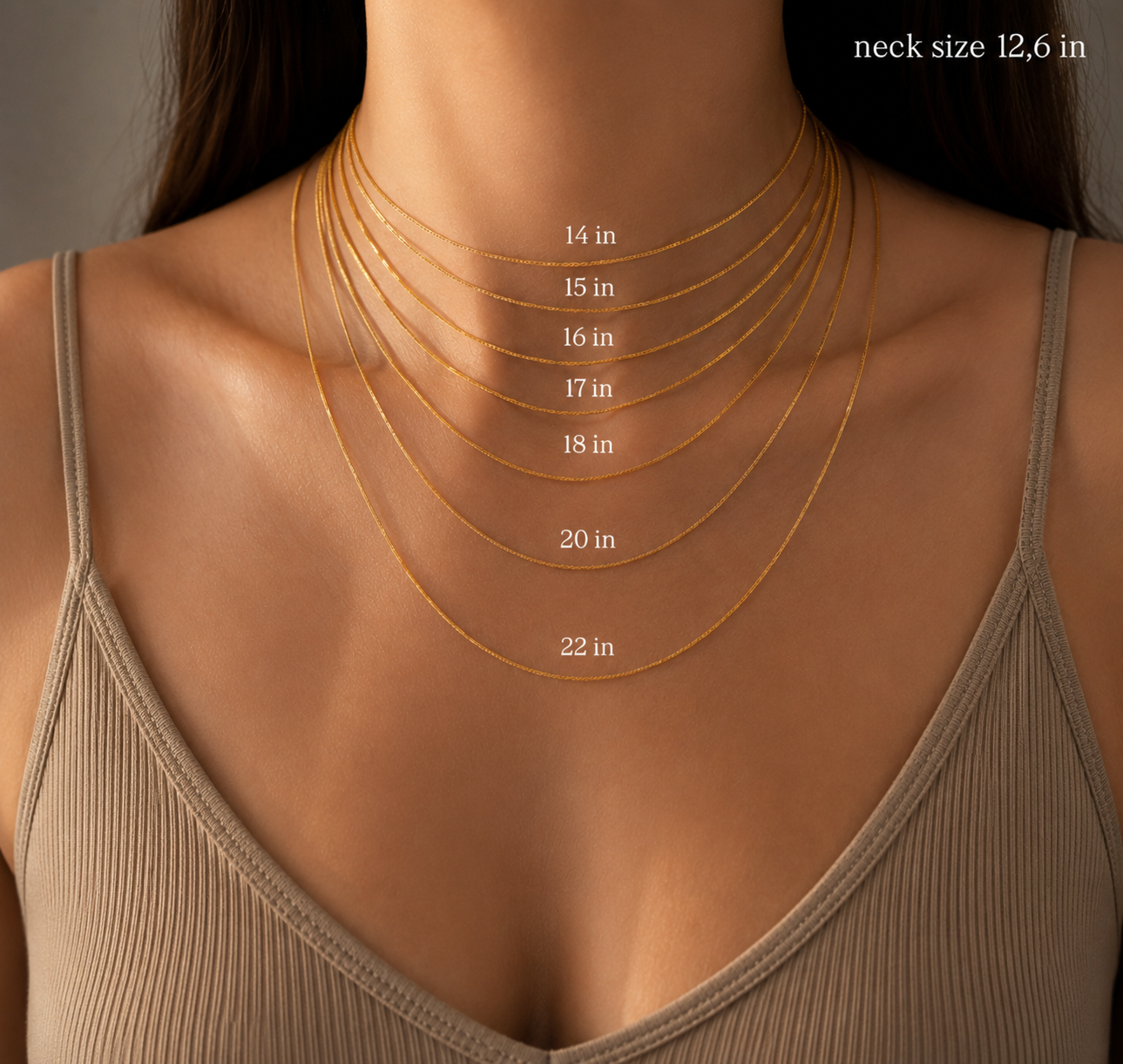Necklace and chain length guide showing 14, 15, 16, 17, 18, 20, and 22 inch positions
